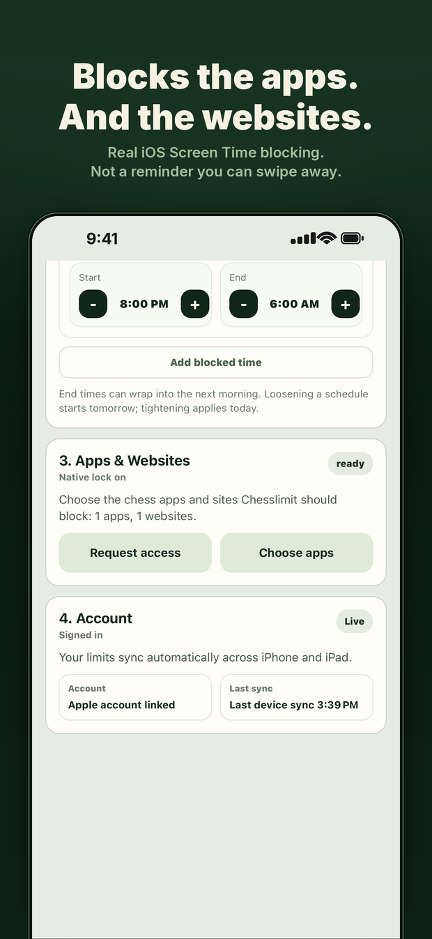 Chesslimit settings showing selected chess apps and websites to block