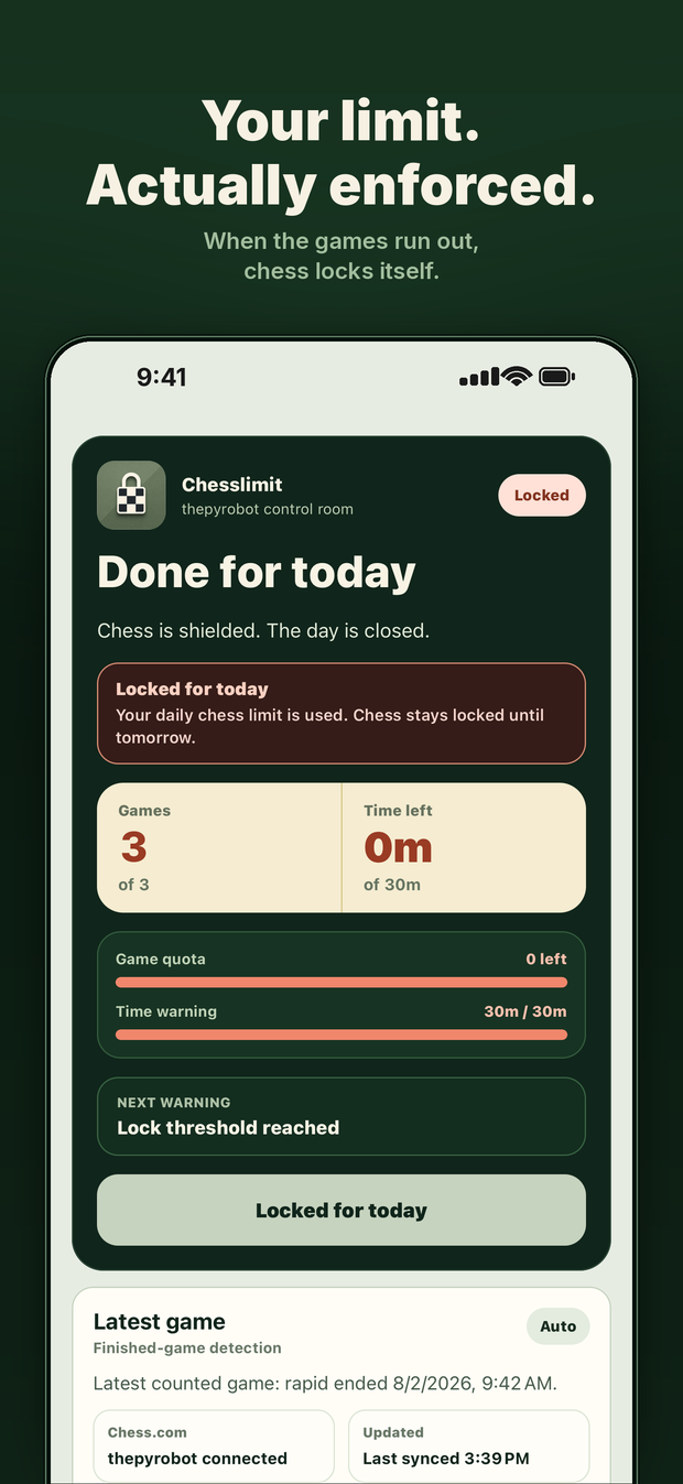 Chesslimit Today screen showing the daily limit used and chess locked