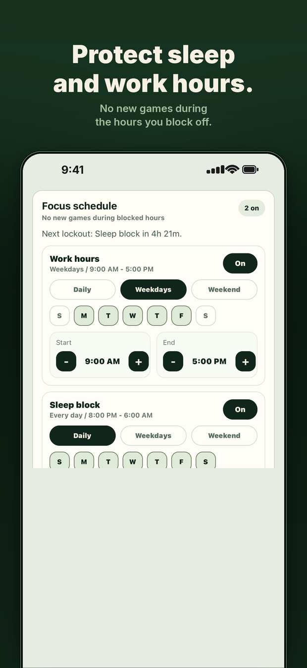 Chesslimit focus schedule blocking work hours and a sleep window